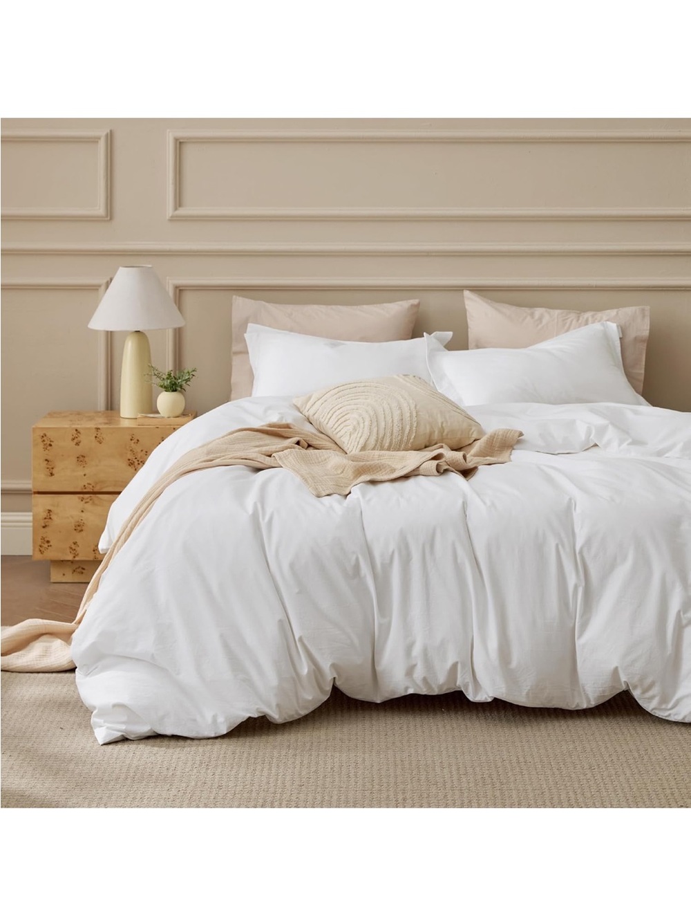 NEW Bedsure 100% Washed Cotton Duvet Cover Set (Natural White, Queen, 90"x90")
